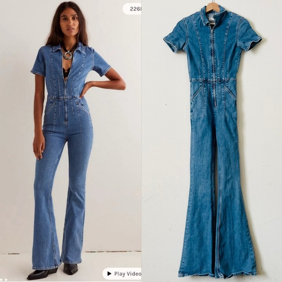 Free People XS Jayde flared denim stretchy jumpsuit - Picture 1 of 8